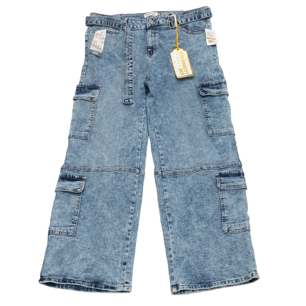 Celebrity Ace Cargo Jeans Womens Size 20 High Rise 90s Straight Belt Light Wash
